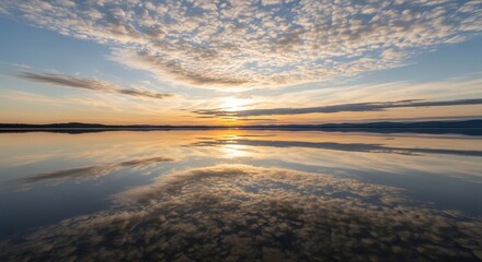 Serene Lake Reflecting a Dramatic Sunset Sky with Scattered Clouds and Distant Mountains
