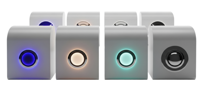 Four identical sleek matte white panels, circular apertures with indigo, amber, turquoise glows, and a dark silver one, on a transparent studio background, horizontal line, concept of energy
