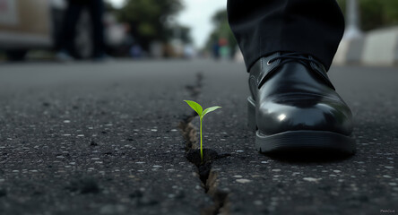 Resilient green sprout growing through cracked asphalt road near a business shoe, symbolizing new life and overcoming urban challenges.