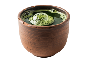 Rustic earthenware mug, unglazed, chipped, holds deep forest-green viscous bubbling liquid with iridescent froth, on transparent background, soft studio light. Ancient mystery atmosphere