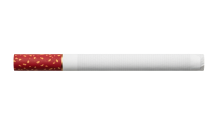 A single, unsmoked, unlit cigarette with a rich crimson filter and cream paper, perfectly cylindrical, on a spotless white background with copy space, concept of sophisticated indulgence