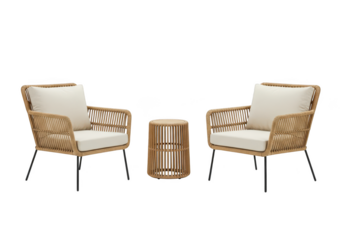 Two rattan chairs with a small table isolated on transparent background