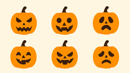 Set of vector icons of Halloween pumpkins with different emotions.