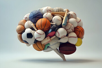 Creative sports brain concept featuring balls and equipment for inspirational design