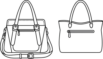 Handbag styles cad drawing flat vector illustration, fashion accessory line art, shoulder bag technical sketch, purse design outline, black white graphic