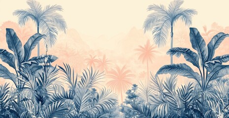 Scenic tropical landscape with palm trees in pastel tones