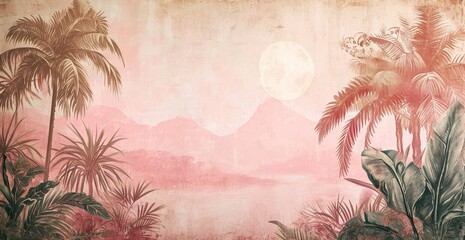 Vintage tropical landscape in soft pink hues