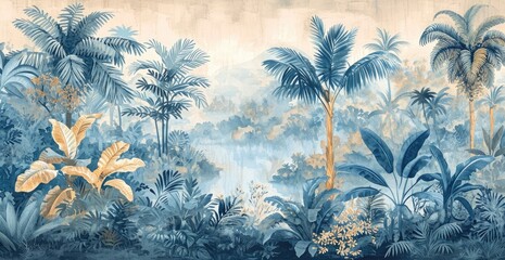 Serene tropical jungle in muted blue tones