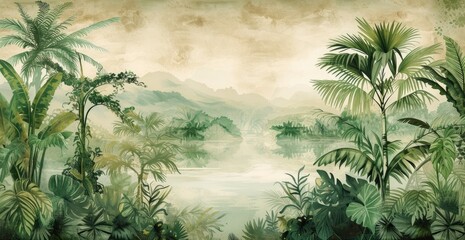 Serene jungle landscape with lush green foliage.