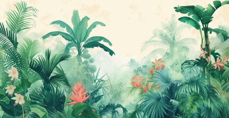 Lush tropical rainforest with vibrant foliage.