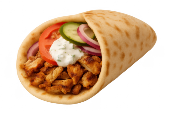 Delicious chicken gyros pita with tzatziki sauce, tomato, onion, cucumber on transparent background