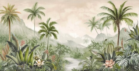 Lush tropical landscape with palm trees and flowers