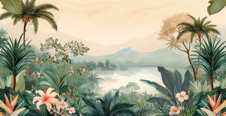 Serene tropical landscape with lush foliage.