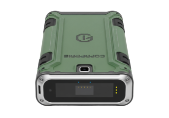 Robust, forest green field-testing tablet prototype with worn textured back and silver bezel, isolated on transparent studio background with copy space, concept of industrial durability