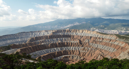 Massive open-pit mine in a mountainous landscape, revealing terraced geological layers under a cloudy sky.