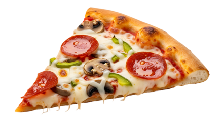 Delicious pepperoni pizza slice with melted mozzarella, mushrooms, and green peppers ready for your next food blog post or promotional restaurant menu