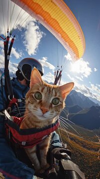 Adventurous Orange Tabby Cat Paragliding High in the Mountains