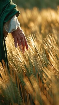 Close-Up of Human Hand Touching Golden Wheat in Sunset Light