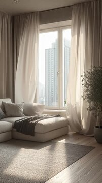 Wide Shot of Modern Apartment Living Room with Large Window View