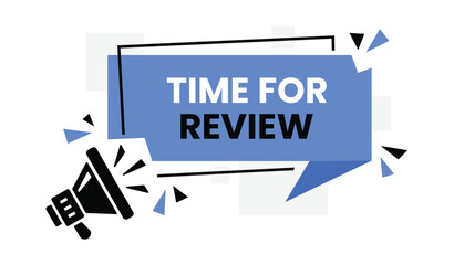 Megaphone announcing time for review with abstract blue and white geometric shapes and triangles on a white background