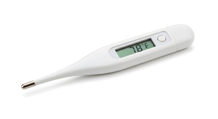 Digital electronic thermometer with clear LCD display showing body temperature, compact and easy-to-use device for accurate fever measurement and health monitoring in home and clinical settings.