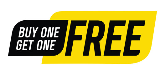 Buy one, get one free special offer label. Sale retail business promotion sticker. Marketing advertising black and yellow label template vector illustration