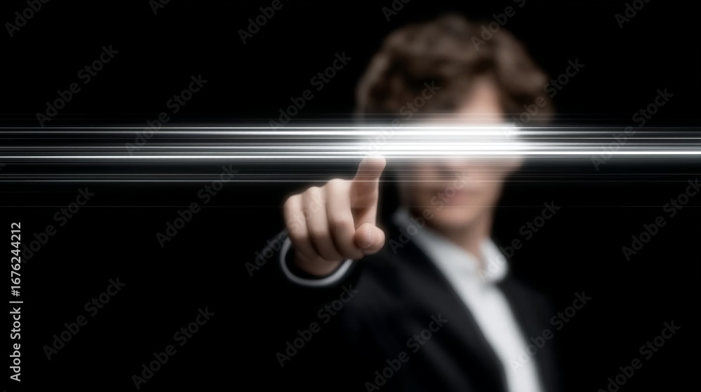 Poster a dynamic image of a person in a suit reaching out with a finger. the focus is sharp on the hand. th