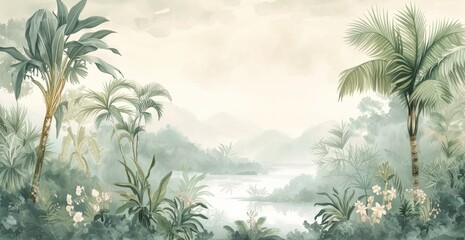 Serene tropical landscape with lush greenery.