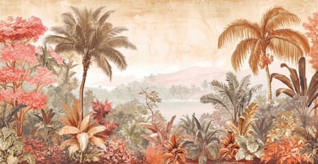 Colorful tropical landscape with lush foliage and palms.