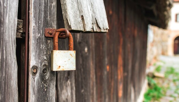 Rusty padlock on weathered wood