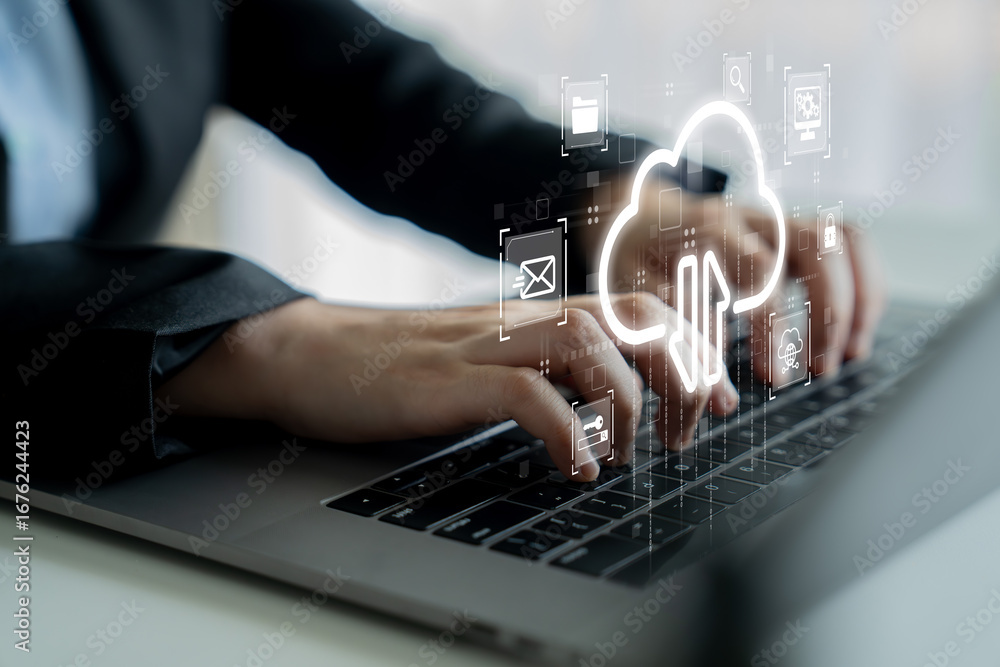 Poster cloud computing enables digital growth with secure data storage, scalable infrastructure, and strate