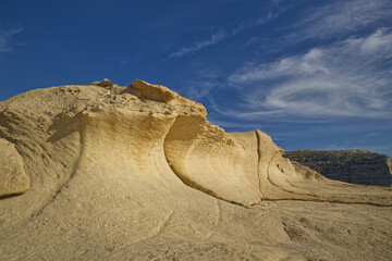 Sand-colored limestone formations located in Dwejra on the island of Gozo, Malta.