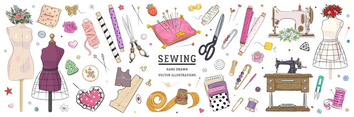 Vector hand drawn sewing retro set. Collection of highly detailed hand drawn sewing tools isolated on background
