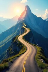 A winding road ascending a mountain, representing the journey of a career path, with sunlight illuminating the peak ahead, symbolizing success and achievement , goal, ambition