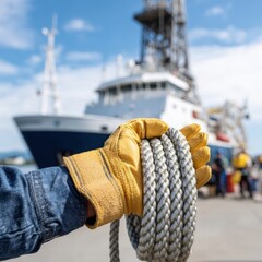 A gloved hand holds a thick coiled rope with a large research vessel docked in the blurred background under a clear sky.