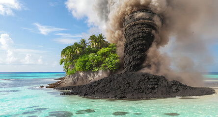 Dramatic Dark Smoke Plume Erupting from Tropical Island Beach with Turquoise Water