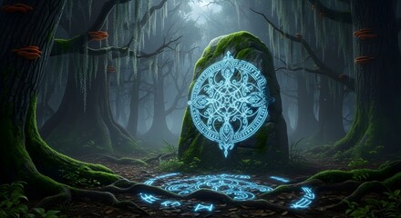 Mystical glowing rune stone in a dark enchanted forest with magical symbols on the ground