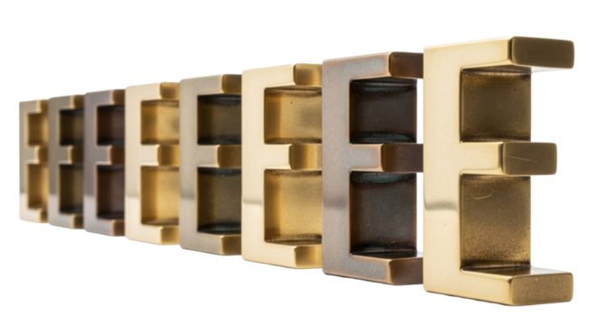 Multiple identical uppercase 'E' brass letters with subtle patination and varying reflectivity, against a transparent studio background with copy space, high-end product photography concept