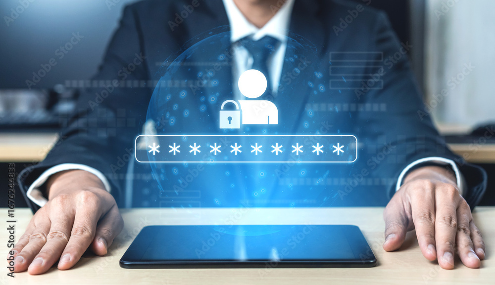 Aufkleber user authentication and password protection concept showing secure login, privacy safeguard, data pr