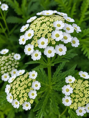 Common yarrow Achillea millefolium white flowers close up, floral background green leaves.