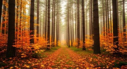Fototapeta premium Path through a forest with vibrant orange and yellow autumn leaves on the ground and trees