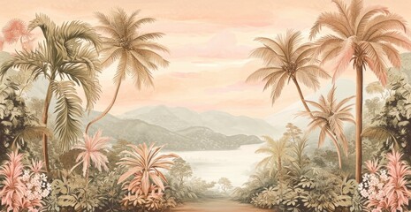 Serene tropical landscape at sunrise.