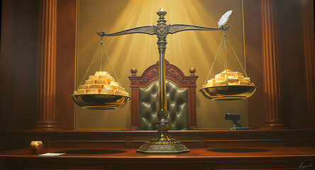 Symbolic Justice Scale with Gold Bars & Quill in Courtroom
