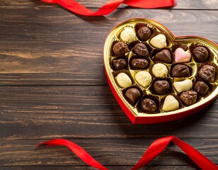 Heart-shaped box of assorted chocolates on a wooden table