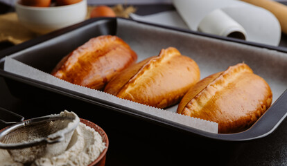 Freshly baked pies in baking tray, traditional homemade pastry with golden crust. Ukrainian piroshki