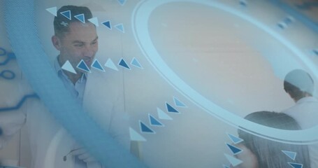 Male clinician leaning toward patient after graphic pulsing and rotating, focusing dental care - Powered by Adobe