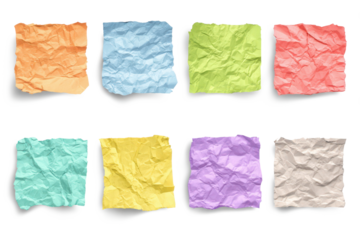 set of various colored crumpled sticky note paper pieces isolated on white or transparent png