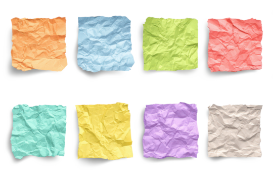 set of various colored crumpled sticky note paper pieces isolated on white or transparent png - Powered by Adobe
