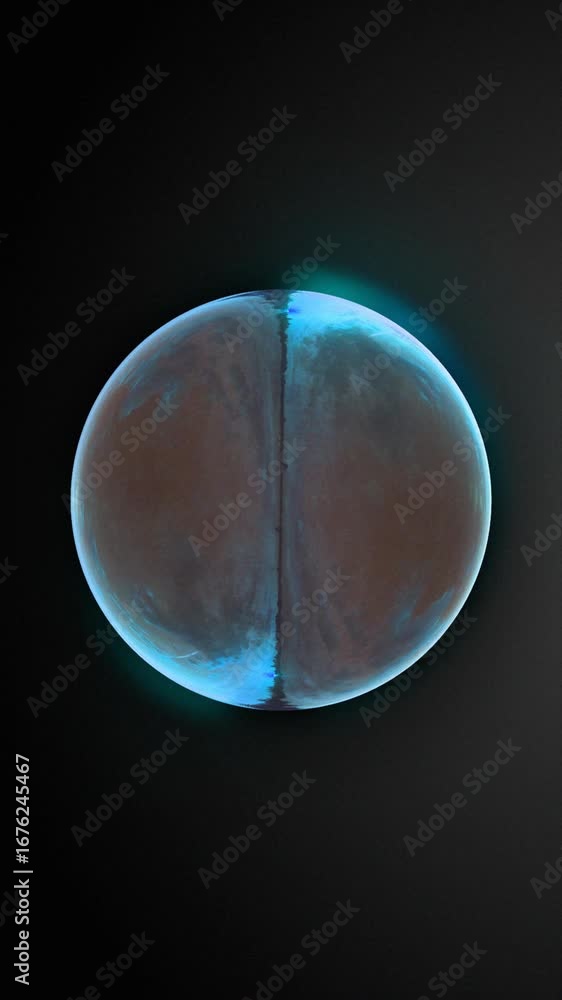 Poster an abstract animation showcases a glowing sphere with vibrant colors against a deep black backdrop. 