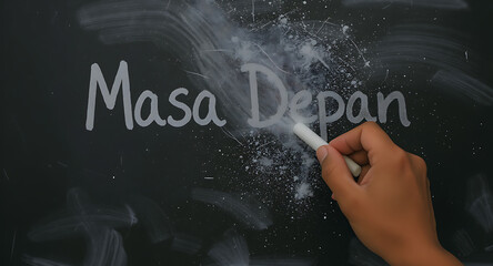 Hand Writing 'Masa Depan' (Future) in Indonesian on a Dusty Black Chalkboard, Symbolizing Planning, Education, and New Opportunities
